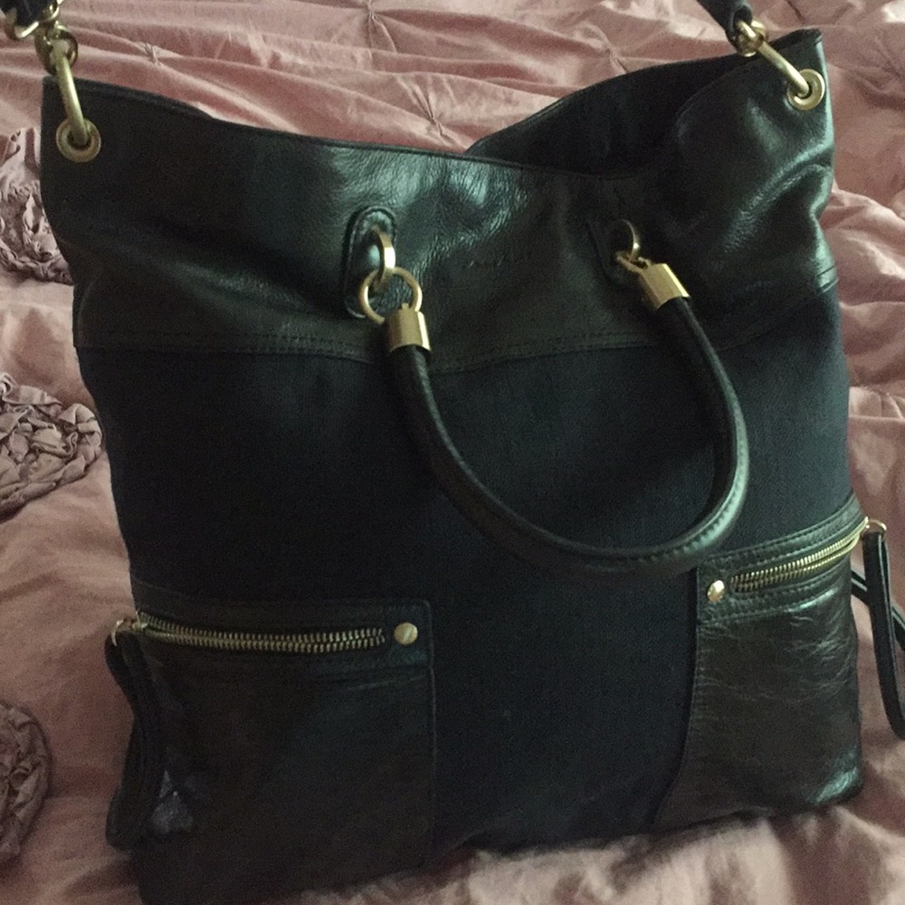Tahari leather and canvas large bag